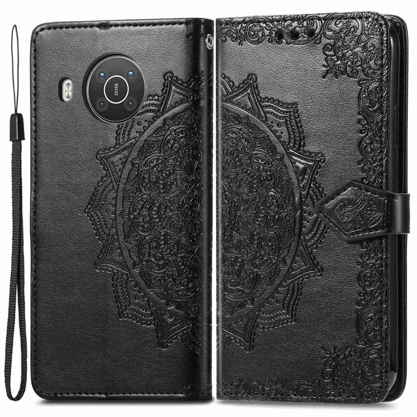 For Nokia X10 5G / X20 5G PU Leather Flip Phone Case Mandala Pattern Embossed Magnetic Closure Stand Folio Wallet Cover with Strap