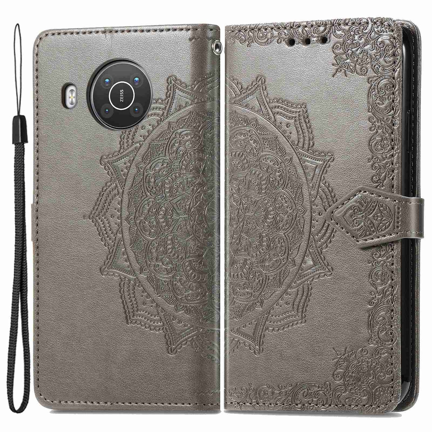 For Nokia X10 5G / X20 5G PU Leather Flip Phone Case Mandala Pattern Embossed Magnetic Closure Stand Folio Wallet Cover with Strap