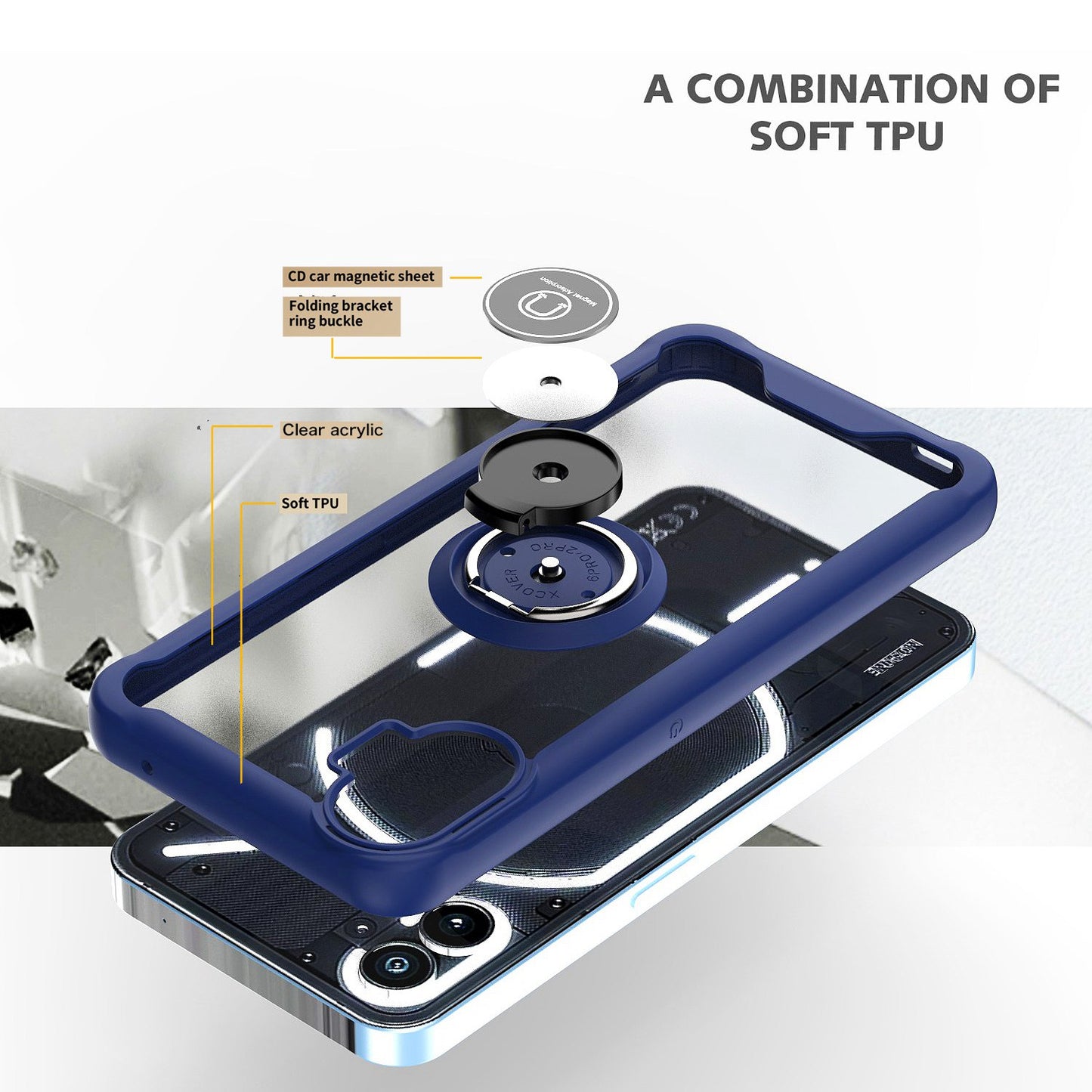 For Nothing phone (1) 5G TPU+Acrylic Phone Case Ring Holder Kickstand Design Built-in Magnetic Holder Metal Sheet Shell