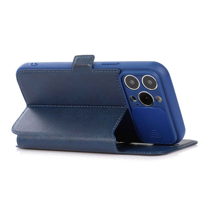 For iPhone 14 Pro Slide Camera Protection Folio Flip Phone Case PU Leather Stand Card Holder Cover