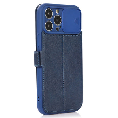 For iPhone 14 Pro Slide Camera Protection Folio Flip Phone Case PU Leather Stand Card Holder Cover