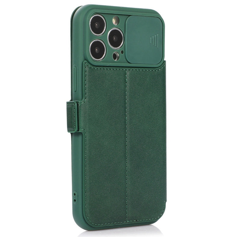 For iPhone 14 Pro Slide Camera Protection Folio Flip Phone Case PU Leather Stand Card Holder Cover