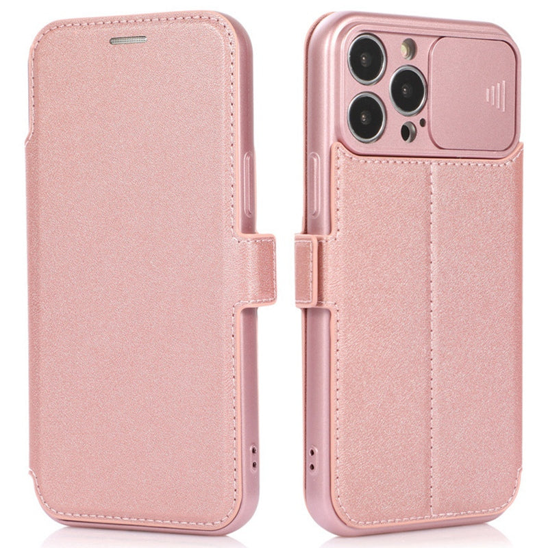 For iPhone 14 Pro Slide Camera Protection Folio Flip Phone Case PU Leather Stand Card Holder Cover