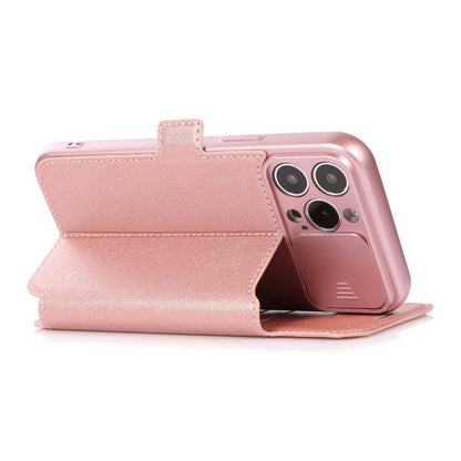 For iPhone 14 Pro Slide Camera Protection Folio Flip Phone Case PU Leather Stand Card Holder Cover