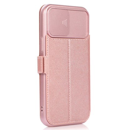 For iPhone 14 Pro Slide Camera Protection Folio Flip Phone Case PU Leather Stand Card Holder Cover