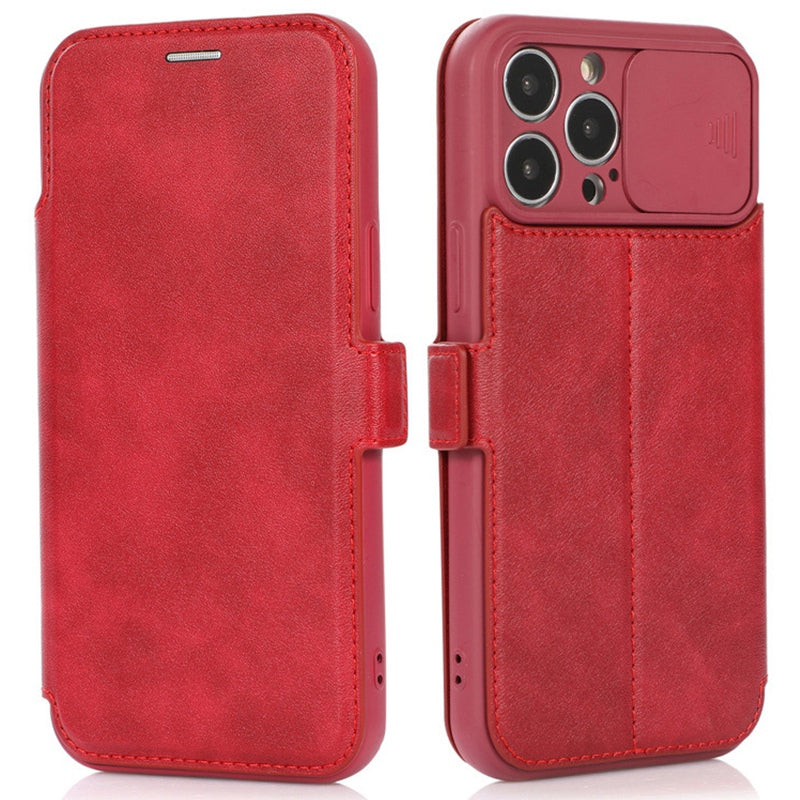 For iPhone 14 Pro Slide Camera Protection Folio Flip Phone Case PU Leather Stand Card Holder Cover