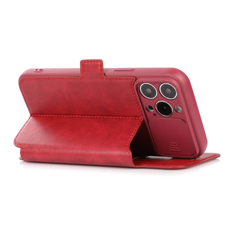 For iPhone 14 Pro Slide Camera Protection Folio Flip Phone Case PU Leather Stand Card Holder Cover