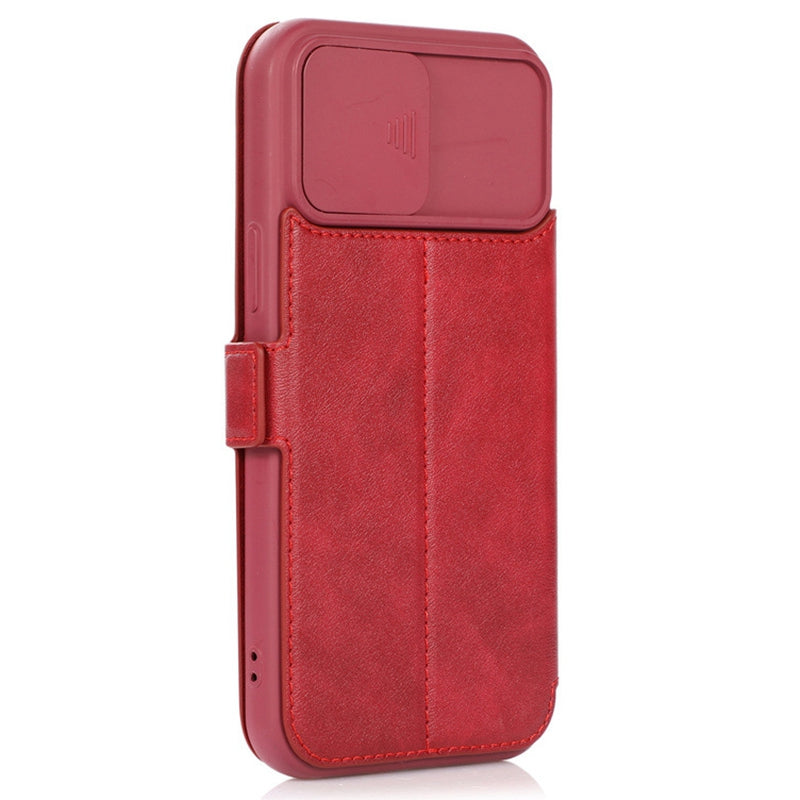 For iPhone 14 Pro Slide Camera Protection Folio Flip Phone Case PU Leather Stand Card Holder Cover