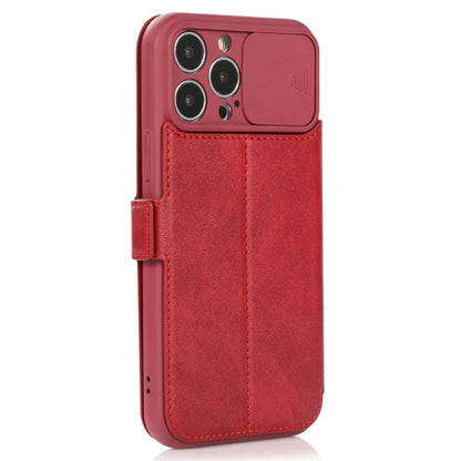 For iPhone 14 Pro Slide Camera Protection Folio Flip Phone Case PU Leather Stand Card Holder Cover