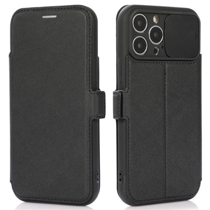 For iPhone 14 Pro Slide Camera Protection Folio Flip Phone Case PU Leather Stand Card Holder Cover