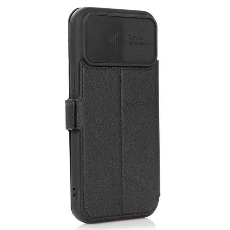 For iPhone 14 Pro Slide Camera Protection Folio Flip Phone Case PU Leather Stand Card Holder Cover