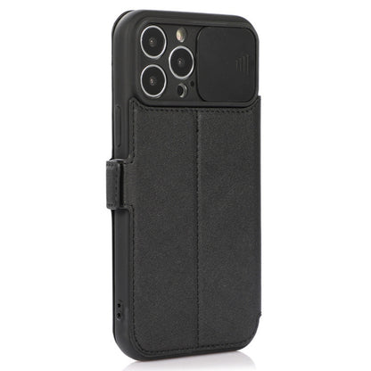 For iPhone 14 Pro Slide Camera Protection Folio Flip Phone Case PU Leather Stand Card Holder Cover