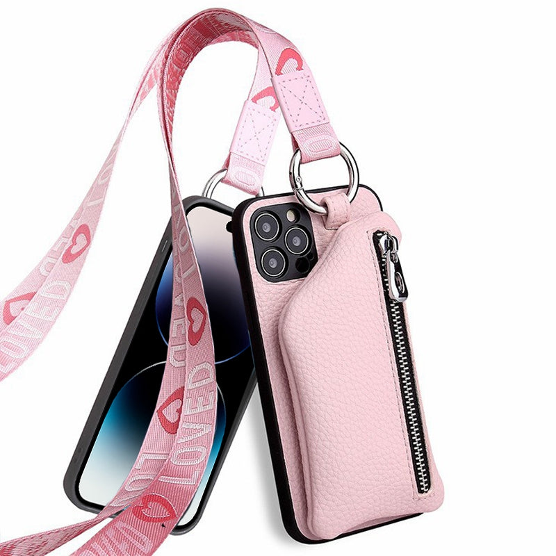 For iPhone 14 Pro Max Zipper Pocket Protective Cover with Lanyard Detachable Wallet PU Leather Coated TPU Phone Case