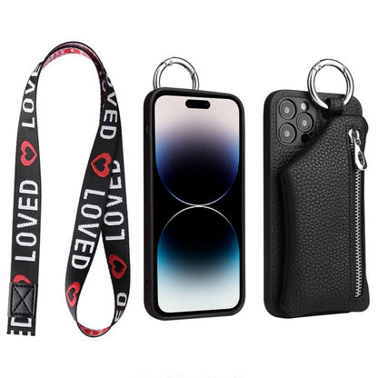 For iPhone 14 Pro Max Zipper Pocket Protective Cover with Lanyard Detachable Wallet PU Leather Coated TPU Phone Case