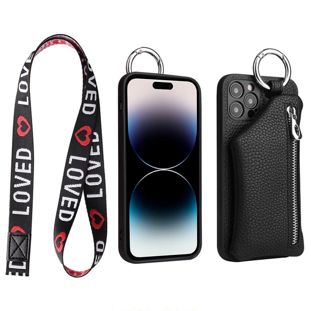 For iPhone 14 Pro Max Zipper Pocket Protective Cover with Lanyard Detachable Wallet PU Leather Coated TPU Phone Case