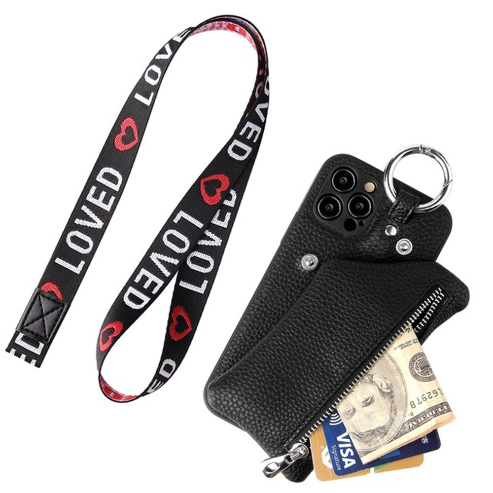 For iPhone 14 Pro Max Zipper Pocket Protective Cover with Lanyard Detachable Wallet PU Leather Coated TPU Phone Case