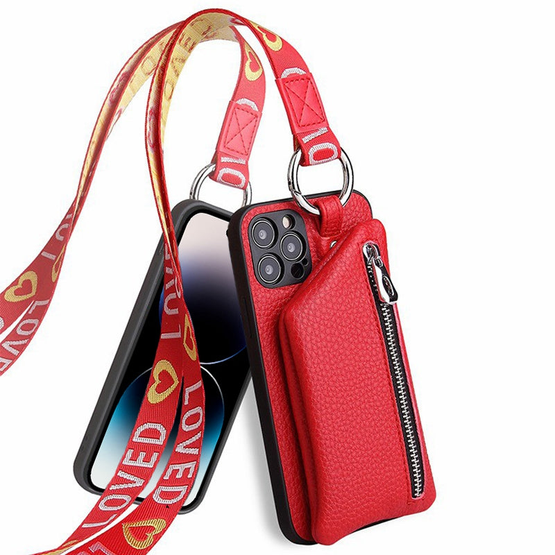 For iPhone 14 Pro Max Zipper Pocket Protective Cover with Lanyard Detachable Wallet PU Leather Coated TPU Phone Case