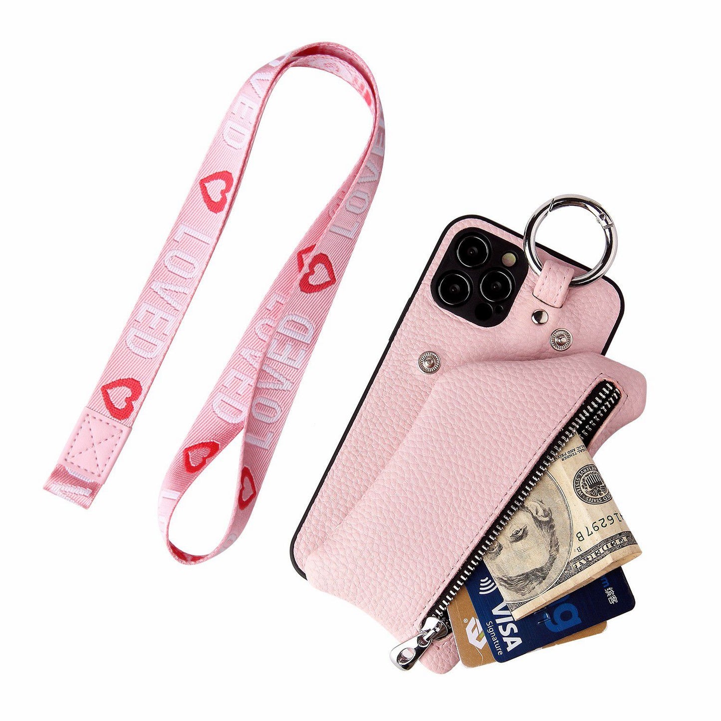 For iPhone 14 Pro Max Zipper Pocket Protective Cover with Lanyard Detachable Wallet PU Leather Coated TPU Phone Case