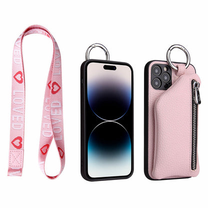 For iPhone 14 Pro Max Zipper Pocket Protective Cover with Lanyard Detachable Wallet PU Leather Coated TPU Phone Case