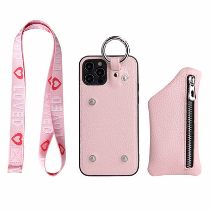 For iPhone 14 Pro Max Zipper Pocket Protective Cover with Lanyard Detachable Wallet PU Leather Coated TPU Phone Case