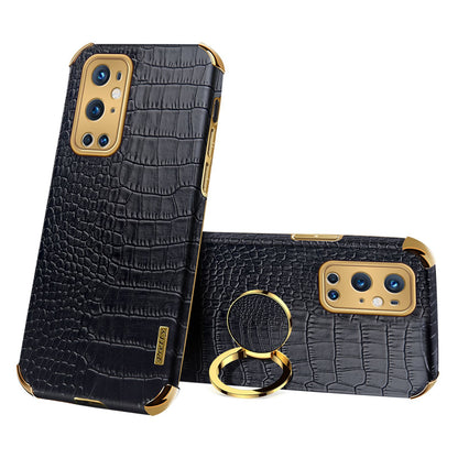 Ring Kickstand Electroplating Phone Case for OnePlus 9 Pro 5G, Crocodile Texture PU Leather Coated TPU Cover