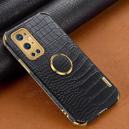 Ring Kickstand Electroplating Phone Case for OnePlus 9 Pro 5G, Crocodile Texture PU Leather Coated TPU Cover