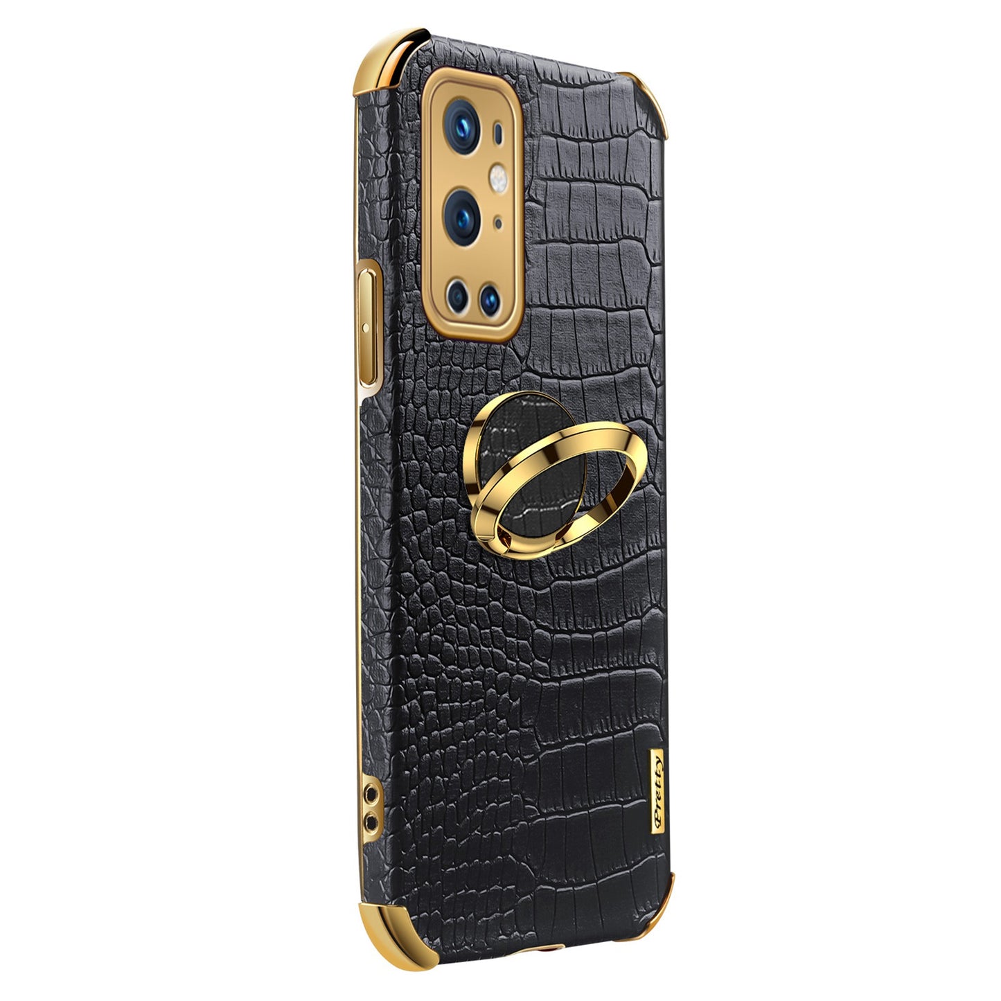 Ring Kickstand Electroplating Phone Case for OnePlus 9 Pro 5G, Crocodile Texture PU Leather Coated TPU Cover