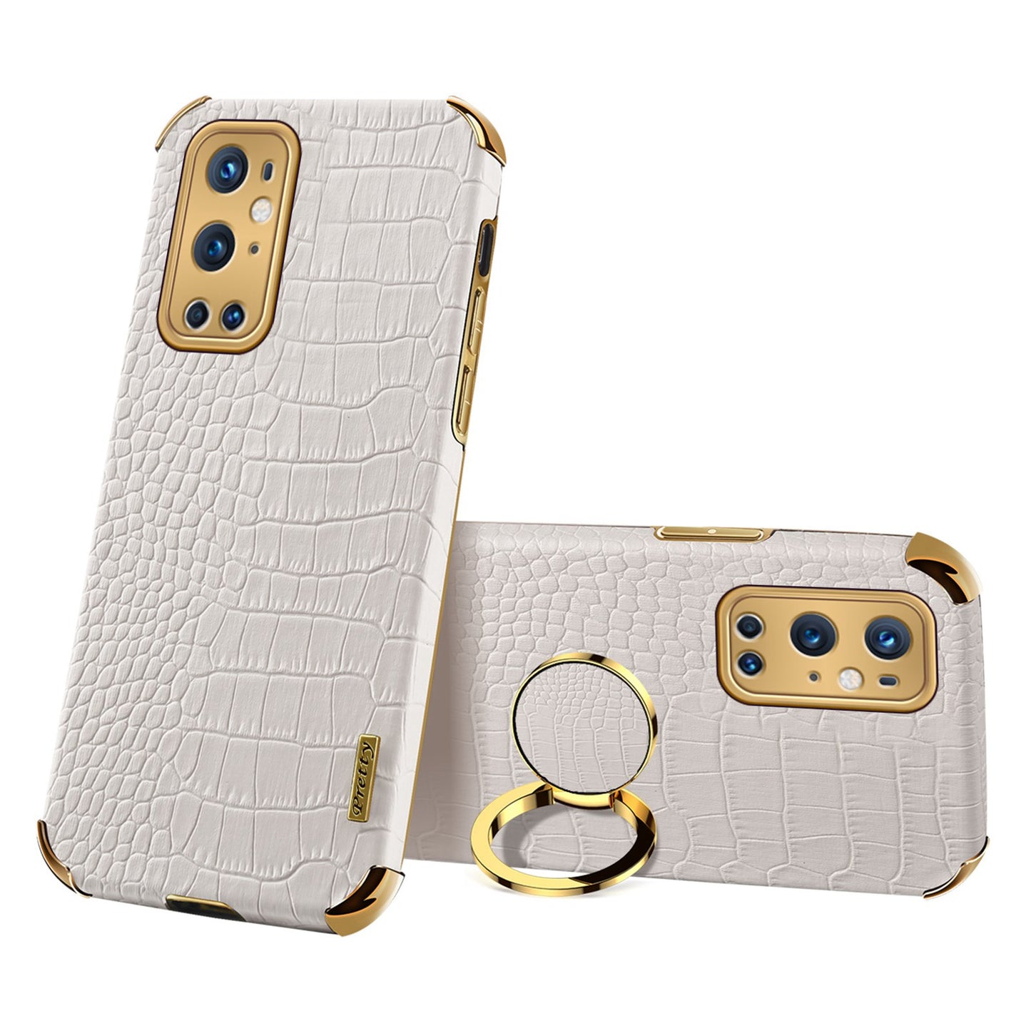 Ring Kickstand Electroplating Phone Case for OnePlus 9 Pro 5G, Crocodile Texture PU Leather Coated TPU Cover