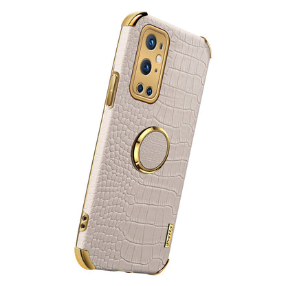 Ring Kickstand Electroplating Phone Case for OnePlus 9 Pro 5G, Crocodile Texture PU Leather Coated TPU Cover