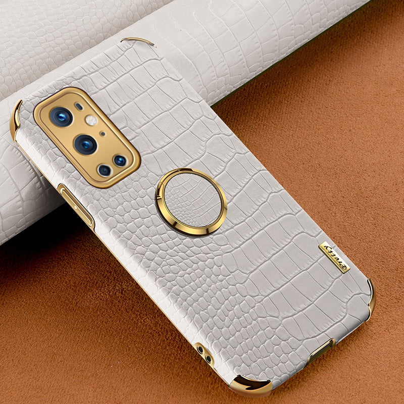 Ring Kickstand Electroplating Phone Case for OnePlus 9 Pro 5G, Crocodile Texture PU Leather Coated TPU Cover