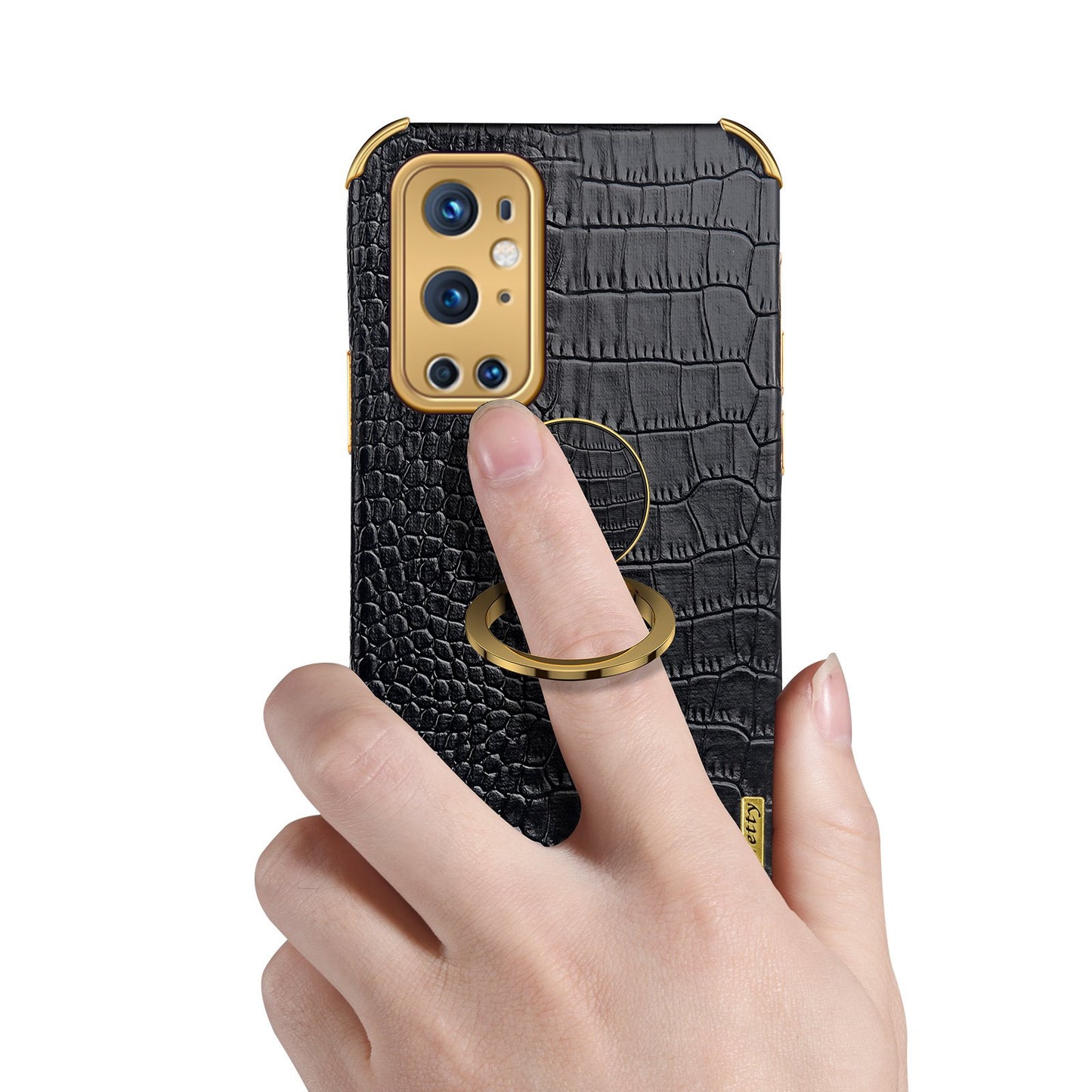 Ring Kickstand Electroplating Phone Case for OnePlus 9 Pro 5G, Crocodile Texture PU Leather Coated TPU Cover