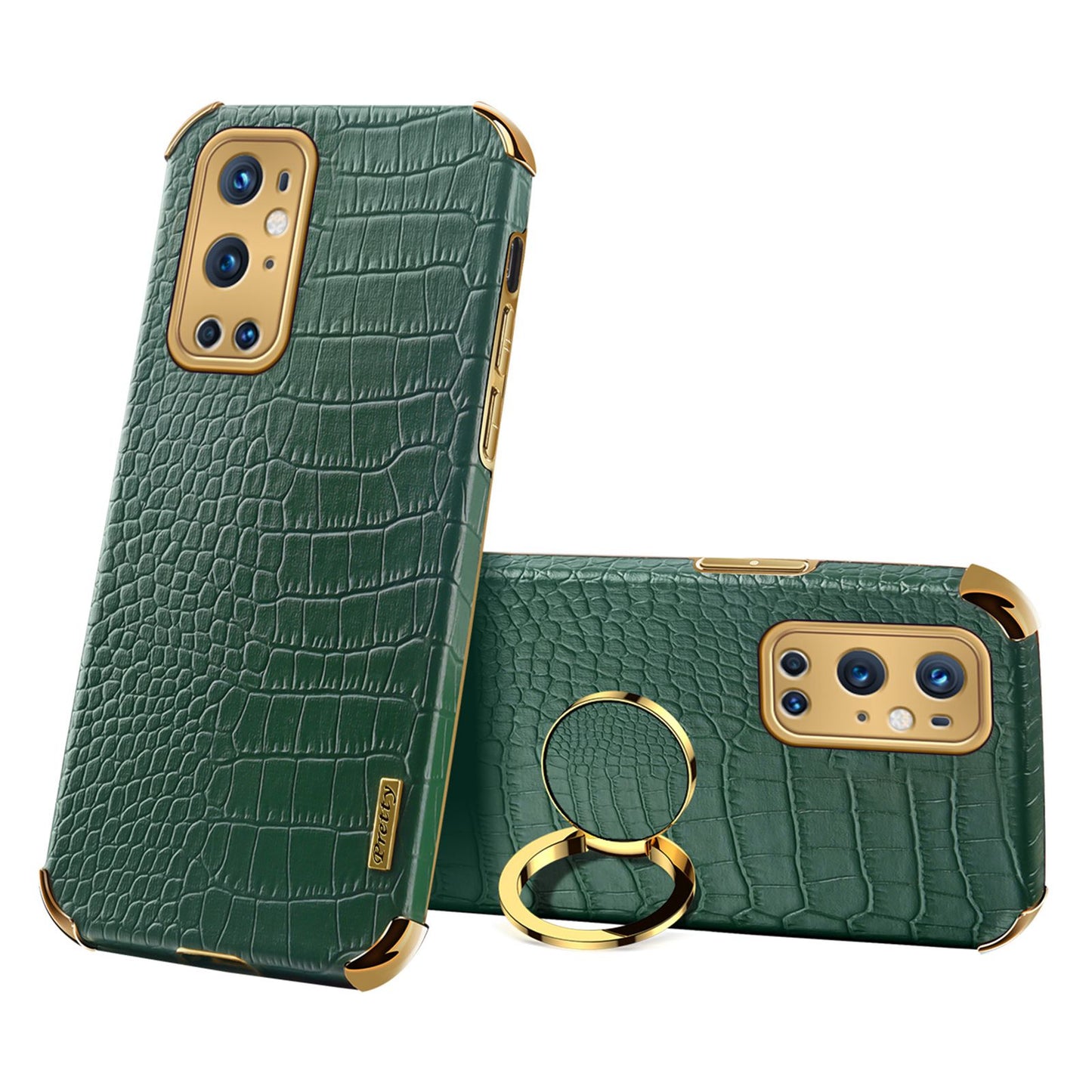 Ring Kickstand Electroplating Phone Case for OnePlus 9 Pro 5G, Crocodile Texture PU Leather Coated TPU Cover