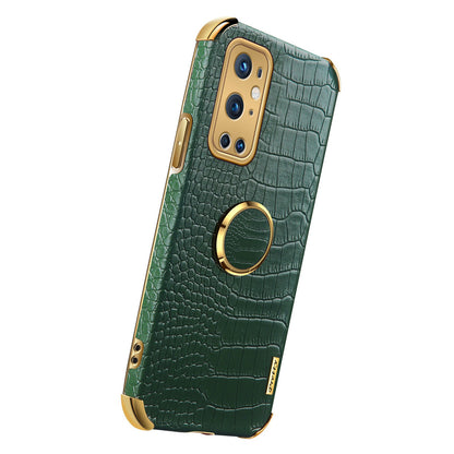 Ring Kickstand Electroplating Phone Case for OnePlus 9 Pro 5G, Crocodile Texture PU Leather Coated TPU Cover