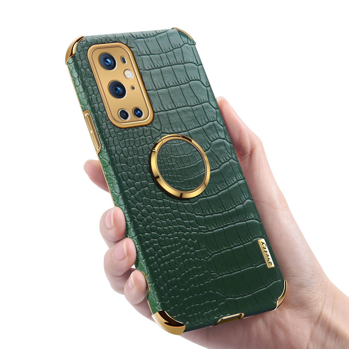 Ring Kickstand Electroplating Phone Case for OnePlus 9 Pro 5G, Crocodile Texture PU Leather Coated TPU Cover