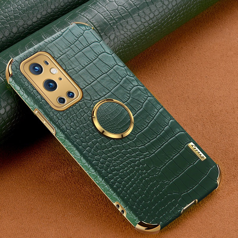 Ring Kickstand Electroplating Phone Case for OnePlus 9 Pro 5G, Crocodile Texture PU Leather Coated TPU Cover