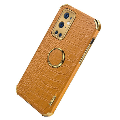 Ring Kickstand Electroplating Phone Case for OnePlus 9 Pro 5G, Crocodile Texture PU Leather Coated TPU Cover