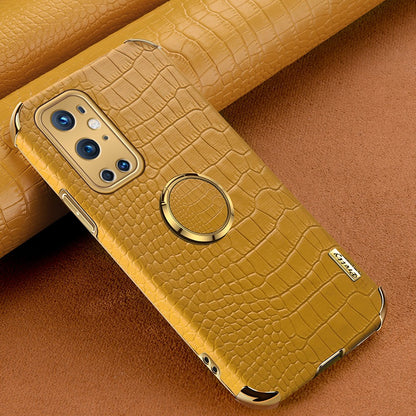 Ring Kickstand Electroplating Phone Case for OnePlus 9 Pro 5G, Crocodile Texture PU Leather Coated TPU Cover