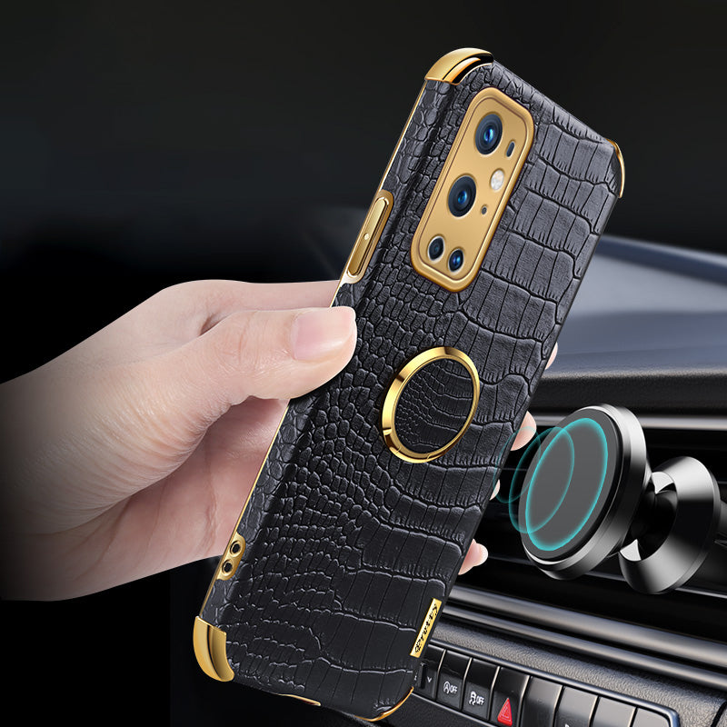 Ring Kickstand Electroplating Phone Case for OnePlus 9 Pro 5G, Crocodile Texture PU Leather Coated TPU Cover