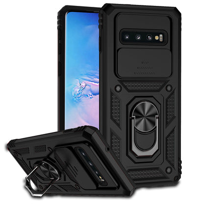 Slide Camera Protector Phone Case for Samsung Galaxy S10 Plus, PC + TPU Anti-drop Cover with Metal Ring Kickstand