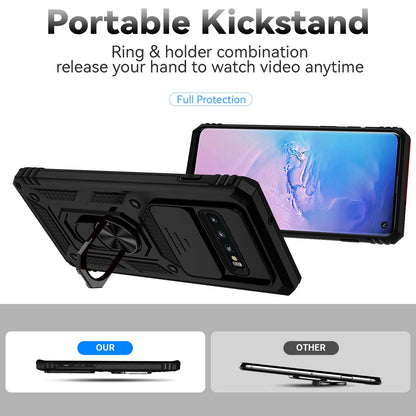 Slide Camera Protector Phone Case for Samsung Galaxy S10 Plus, PC + TPU Anti-drop Cover with Metal Ring Kickstand