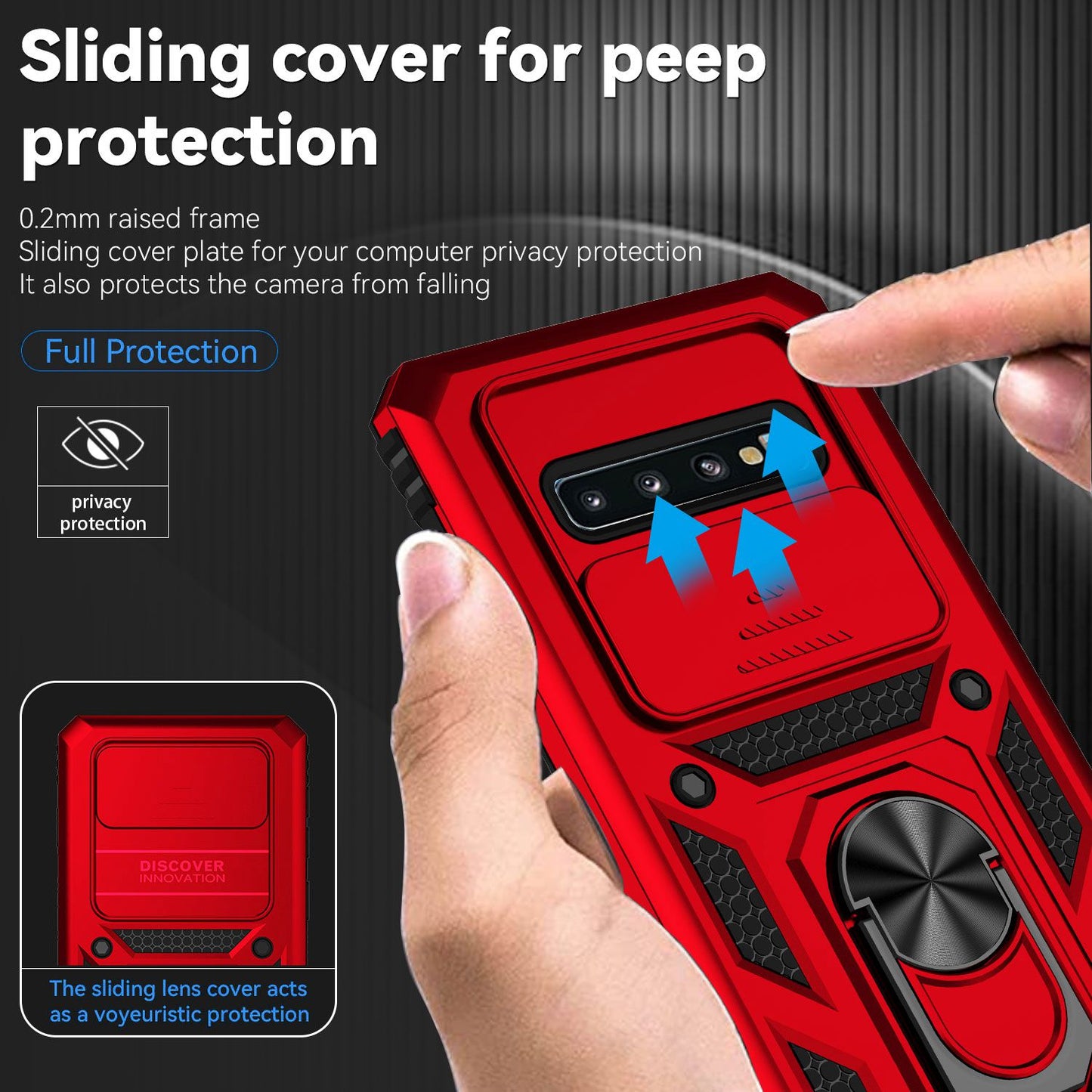 Slide Camera Protector Phone Case for Samsung Galaxy S10 Plus, PC + TPU Anti-drop Cover with Metal Ring Kickstand