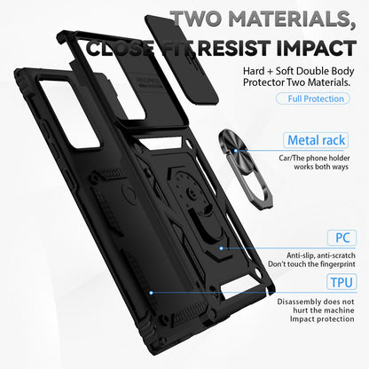 For Samsung Galaxy Note20 Ultra / Note20 Ultra 5G Metal Ring Kickstand PC + TPU Phone Case with Slide Camera Protection