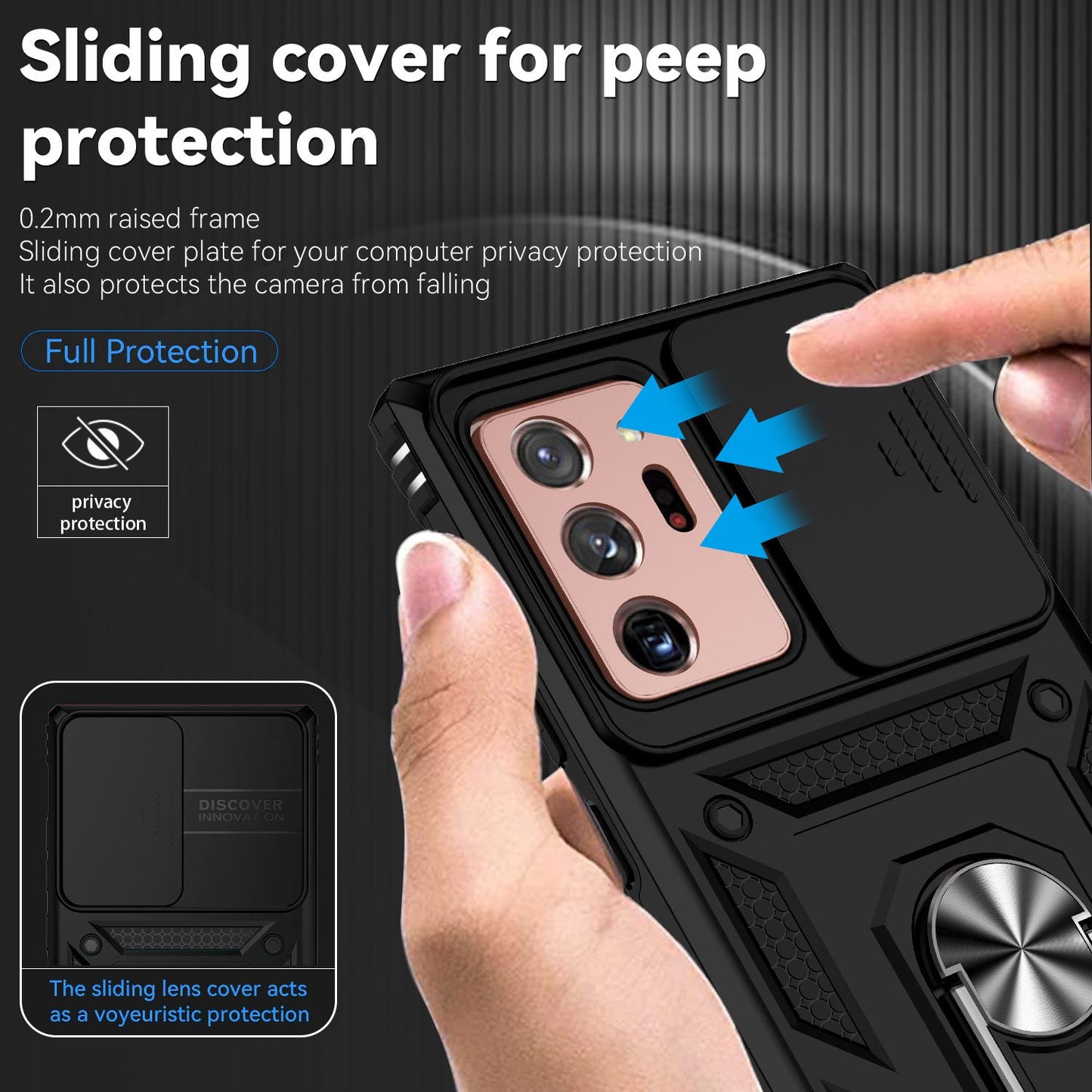 For Samsung Galaxy Note20 Ultra / Note20 Ultra 5G Metal Ring Kickstand PC + TPU Phone Case with Slide Camera Protection