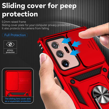 For Samsung Galaxy Note20 Ultra / Note20 Ultra 5G Metal Ring Kickstand PC + TPU Phone Case with Slide Camera Protection