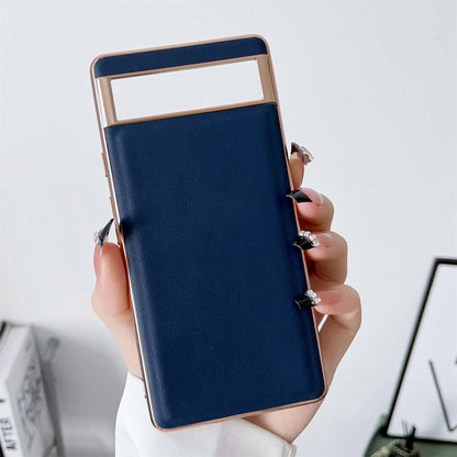 For Google Pixel 7 Pro Electroplating Genuine Leather Coated TPU+PC Phone Case Cellphone Cover