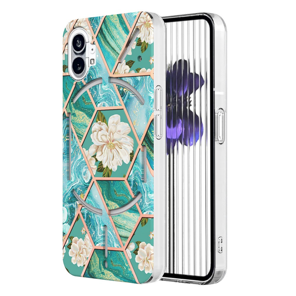 YB IMD Series-1 for Nothing phone (1) 5G Marble Floral Pattern IMD Phone Case Electroplating Frame Anti-drop TPU Cover