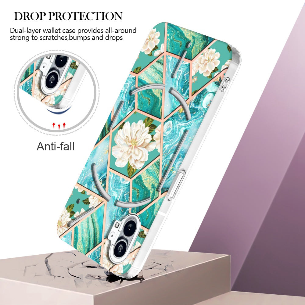 YB IMD Series-1 for Nothing phone (1) 5G Marble Floral Pattern IMD Phone Case Electroplating Frame Anti-drop TPU Cover