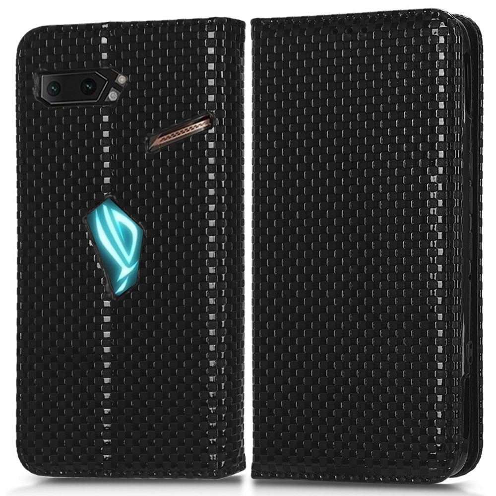 Grid Texture Phone Case for Asus ROG Phone II ZS660KL, PU Leather Magnetic Auto-absorbed Wallet Stand Full Protection Cover