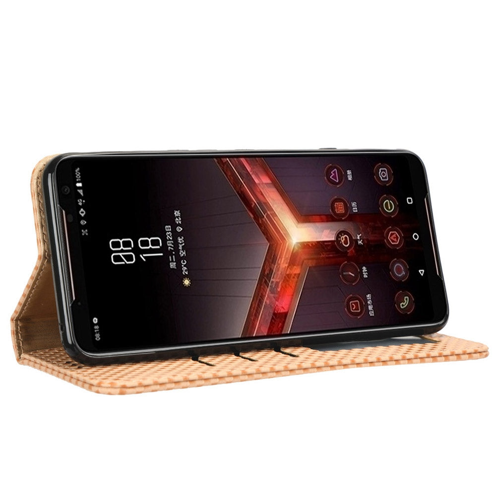 Grid Texture Phone Case for Asus ROG Phone II ZS660KL, PU Leather Magnetic Auto-absorbed Wallet Stand Full Protection Cover