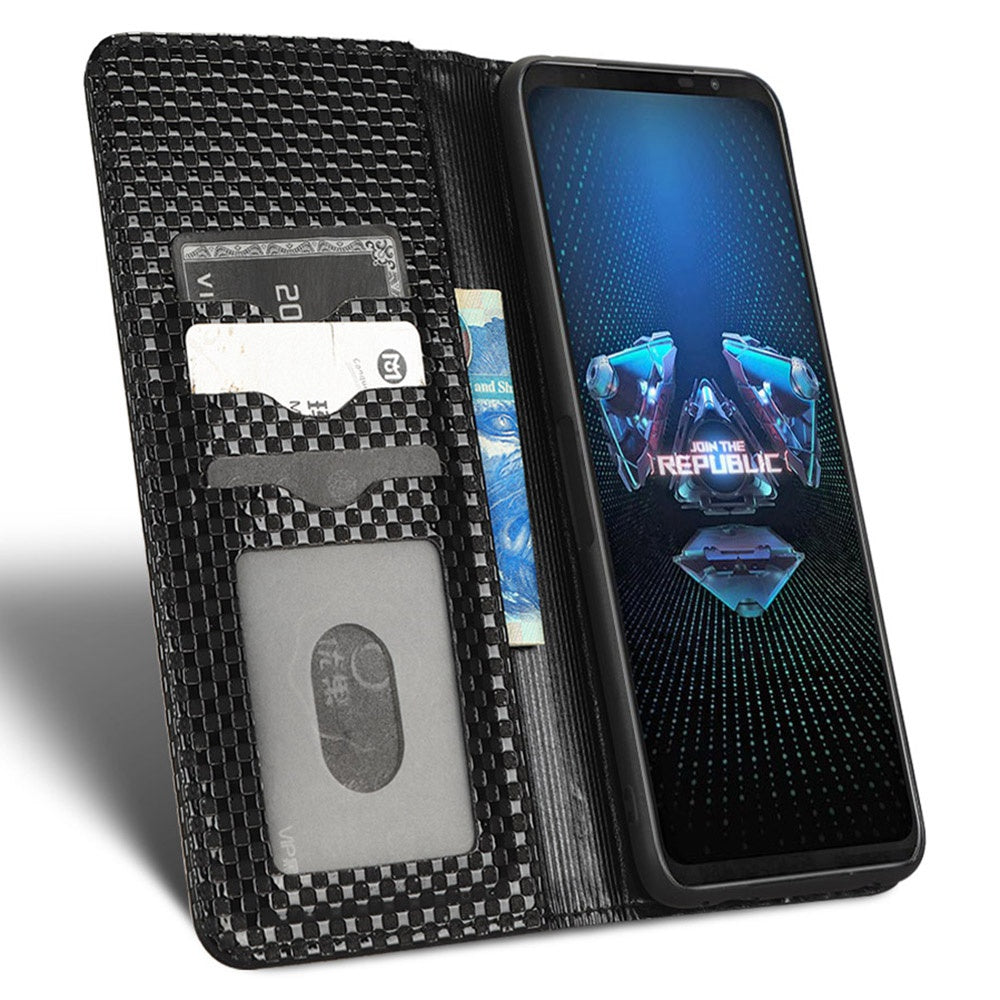 PU Leather Phone Wallet Case For Asus ROG Phone 5, Grid Texture Magnetic Auto-absorbed Phone Cover Full Protection Phone Shell